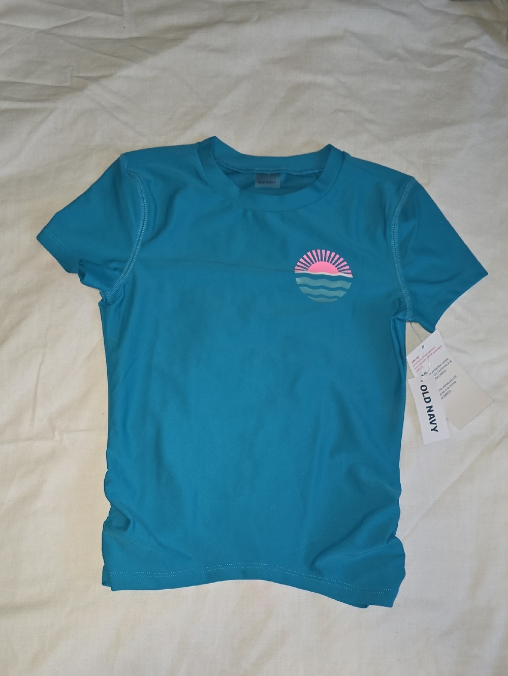 Old Navy Teal Short Sleeve Tee with Pink Sun Graphic